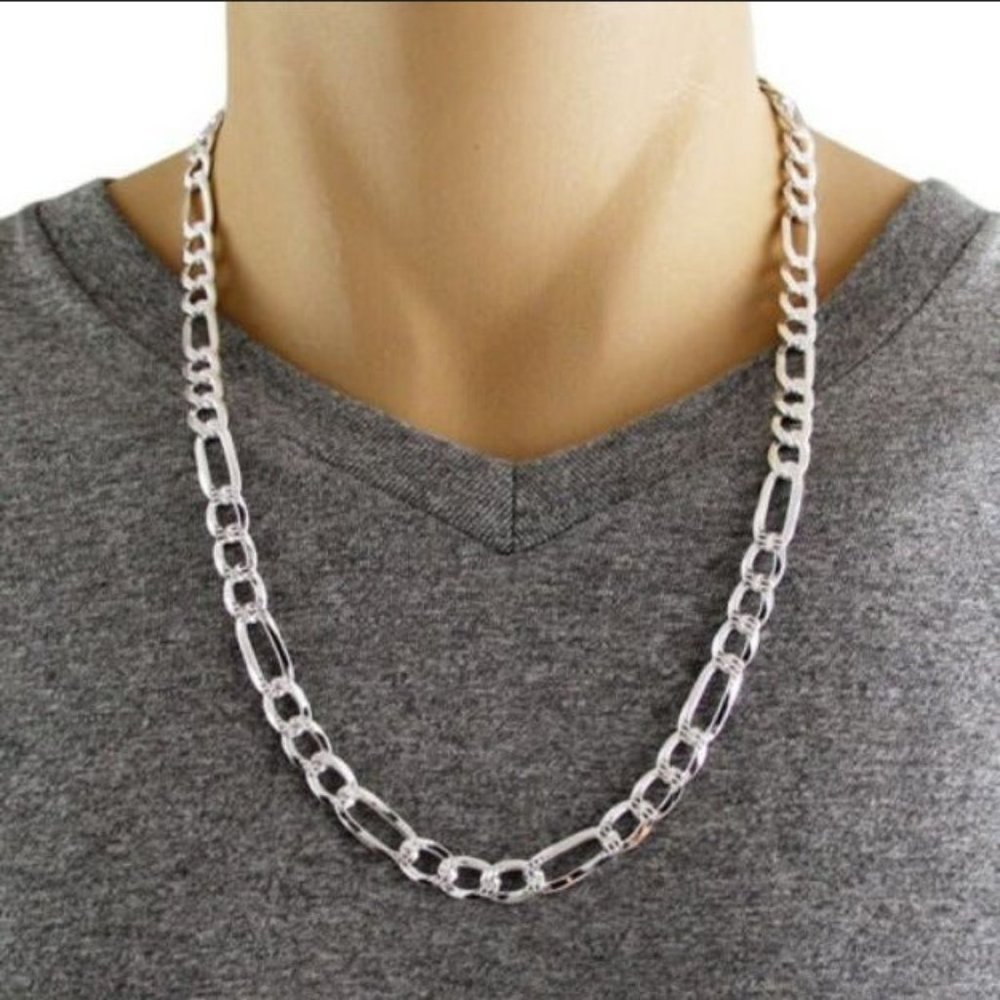 24" 18K White Gold Mens Figaro Chain Link Necklace Guys Authentic Jewelry 18 K